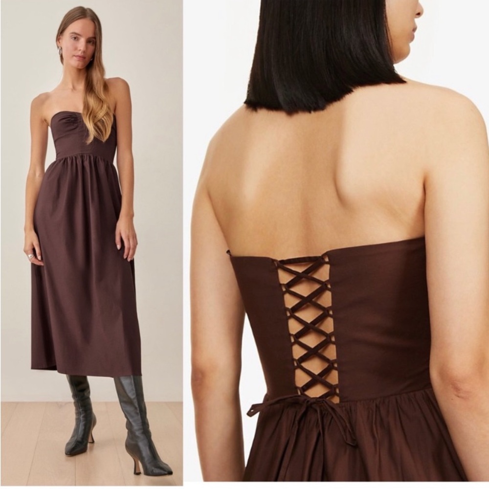 Reformation Buckley Strapless Lace Up Back MIDI Dress 0 Cafe Dark Brown